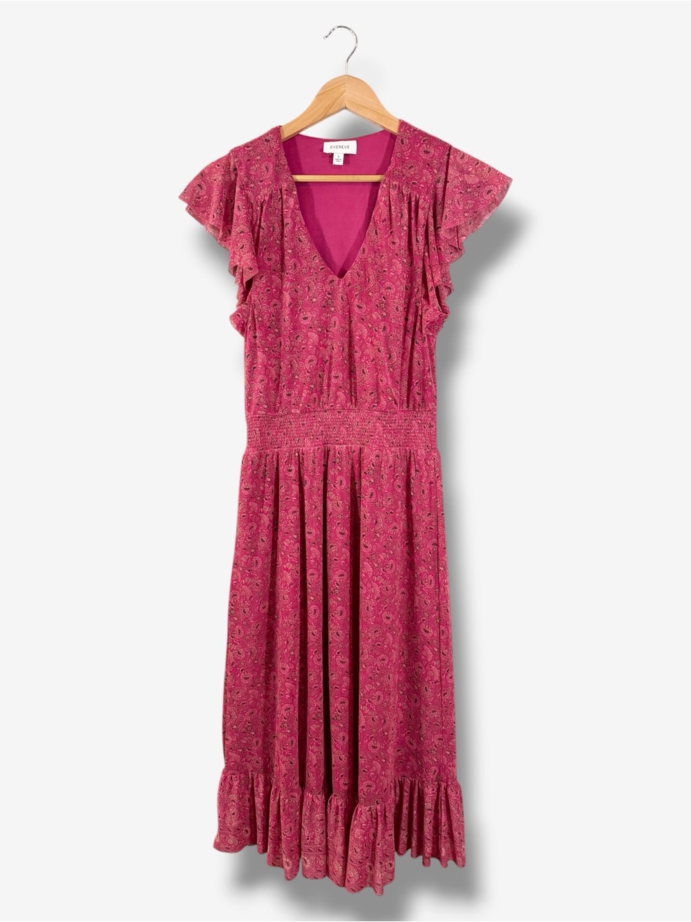 EVEREVE Elena Pink Paisley Midi Dress S Flutter Sleeve Smocked Waist